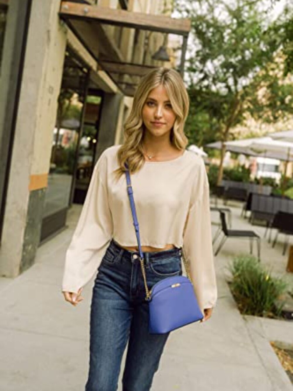 Faux Leather Small Dome Crossbody Bag with Chain Strap - Picture 3 of 7